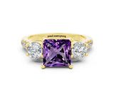Yellow gold Three-Stone Princess Cut Amethyst Pavé Band with Four-Prong Setting