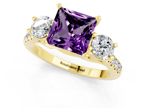Yellow gold Three-Stone Princess Cut Amethyst Pavé Band with Four-Prong Setting_1