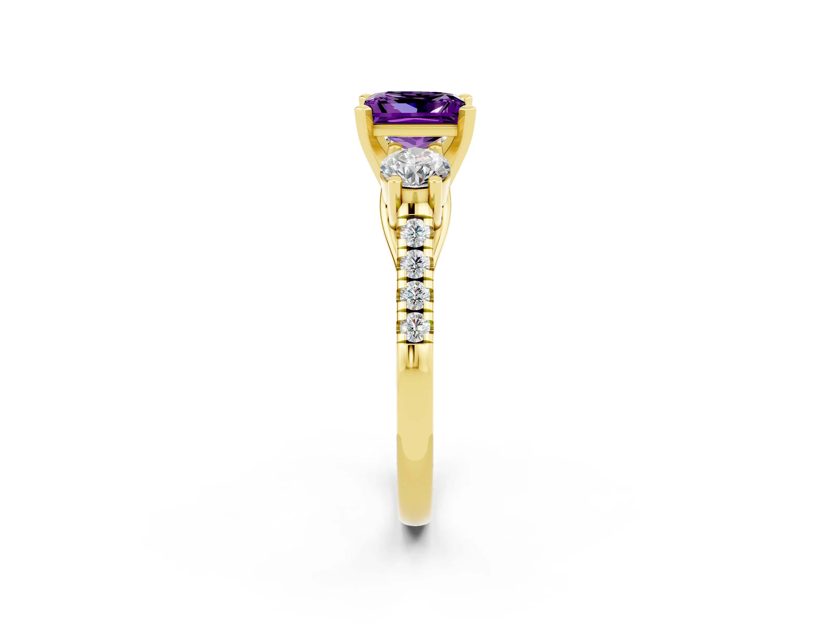 Yellow gold Three-Stone Princess Cut Amethyst Pavé Band with Four-Prong Setting_2
