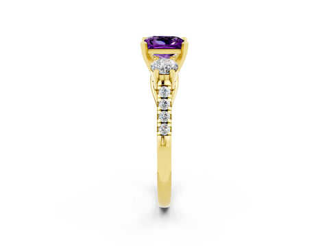 Yellow gold Three-Stone Princess Cut Amethyst Pavé Band with Four-Prong Setting_2