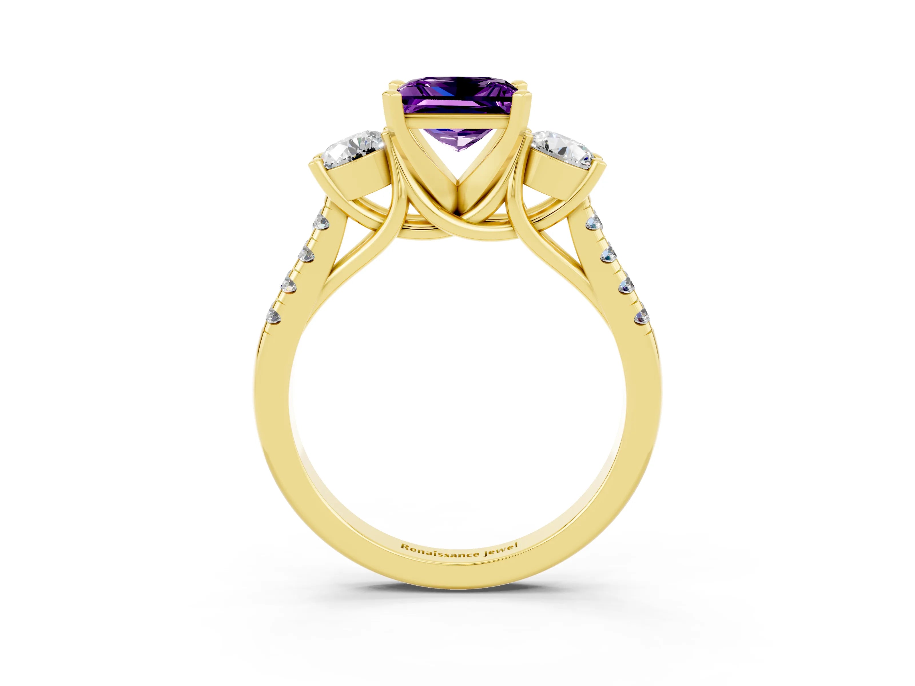 Yellow gold Three-Stone Princess Cut Amethyst Pavé Band with Four-Prong Setting_3