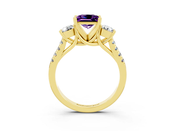 Yellow gold Three-Stone Princess Cut Amethyst Pavé Band with Four-Prong Setting