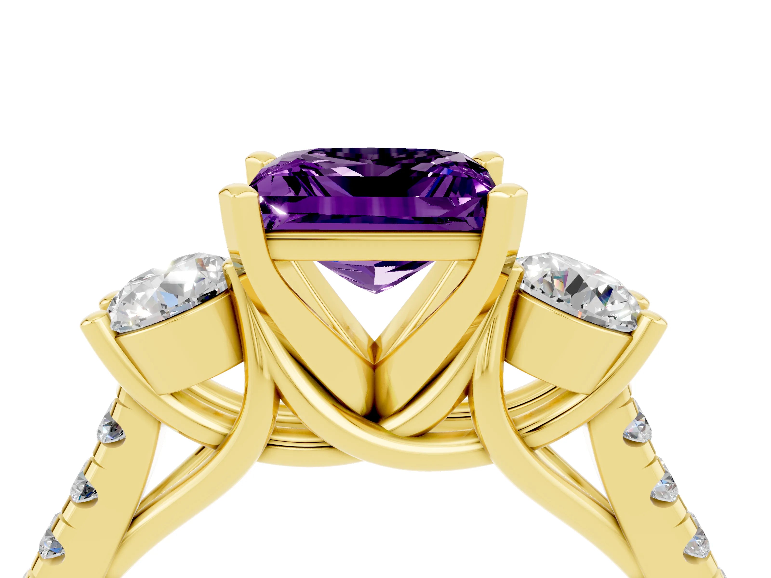 Yellow gold Three-Stone Princess Cut Amethyst Pavé Band with Four-Prong Setting_4