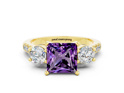 Yellow gold Three-Stone Princess Cut Amethyst Pavé Band with Four-Prong Setting