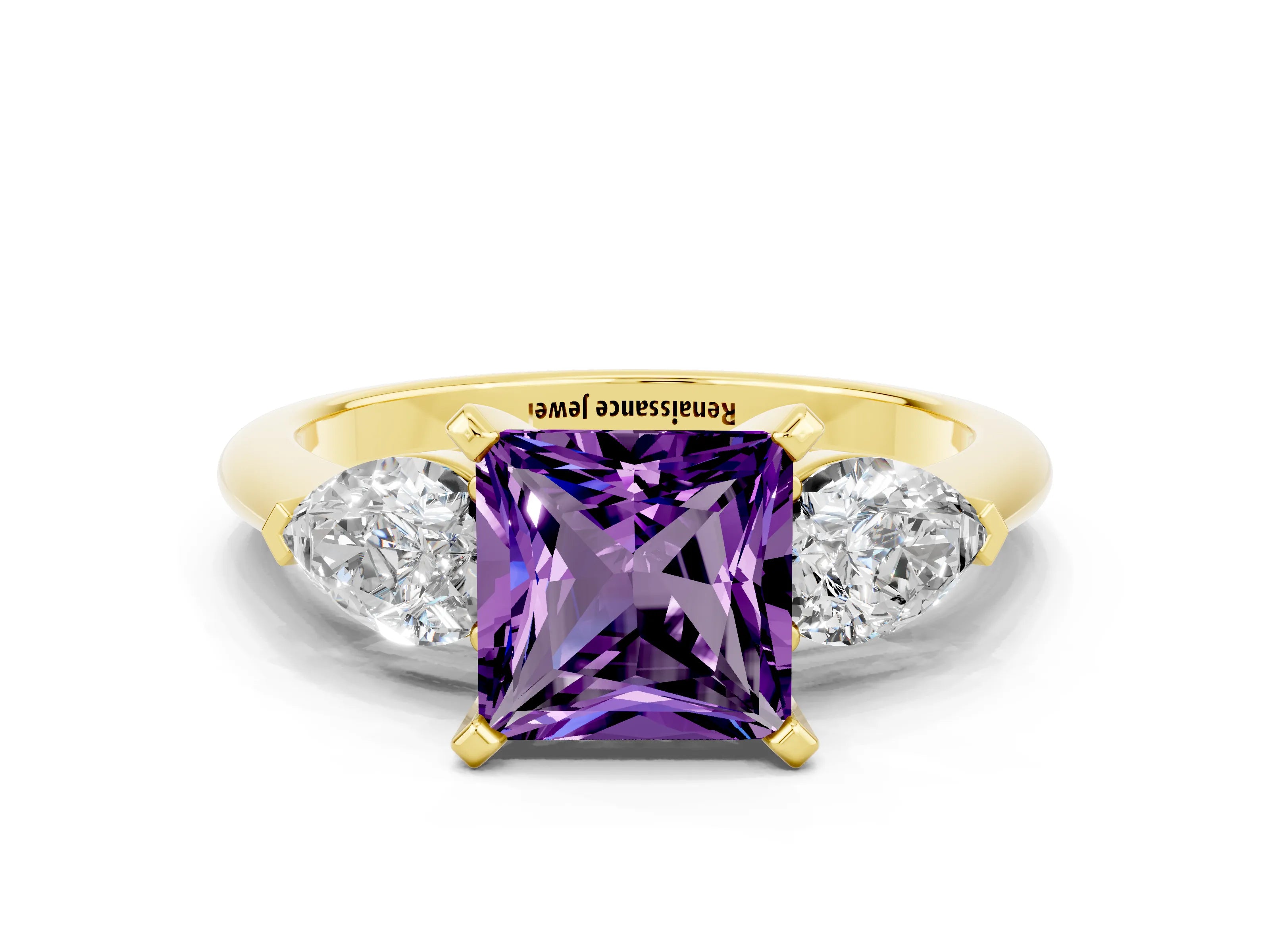 Yellow gold Three-Stone Princess Cut Amethyst Ring with Pear Side Stones and Four-Prong Setting