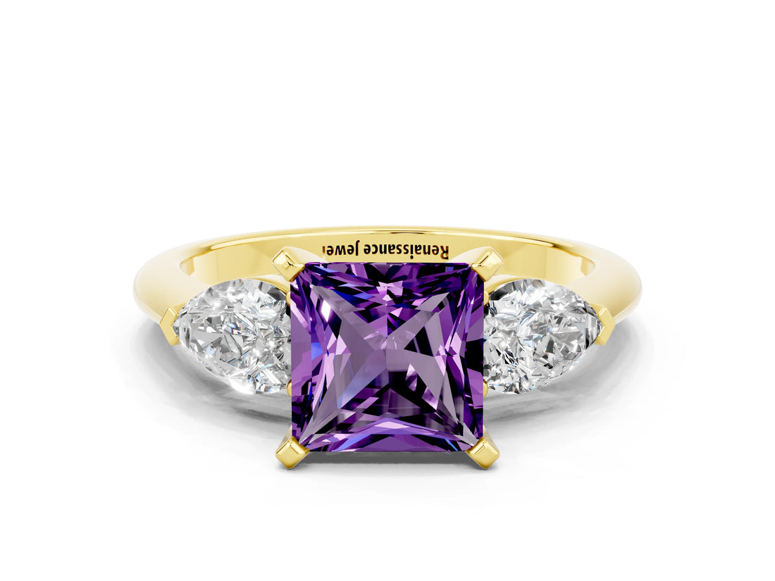 Yellow gold Three-Stone Princess Cut Amethyst Ring with Pear Side Stones and Four-Prong Setting
