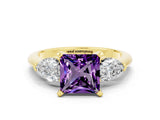 Yellow gold Three-Stone Princess Cut Amethyst Ring with Pear Side Stones and Four-Prong Setting