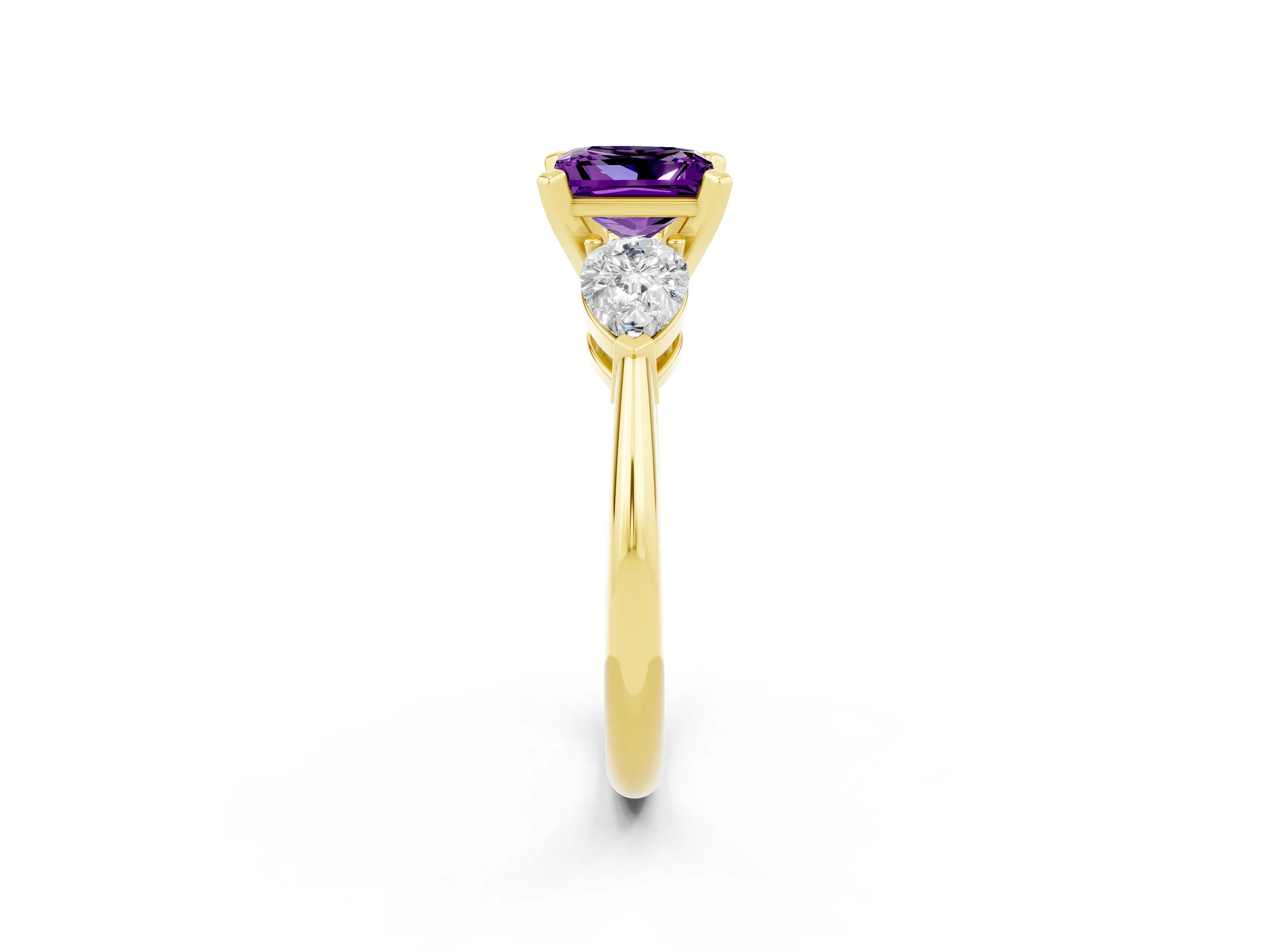Yellow gold Three-Stone Princess Cut Amethyst Ring with Pear Side Stones and Four-Prong Setting_2