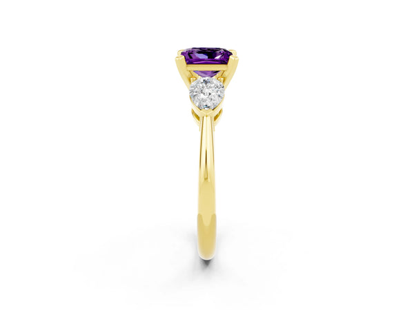 Yellow gold Three-Stone Princess Cut Amethyst Ring with Pear Side Stones and Four-Prong Setting