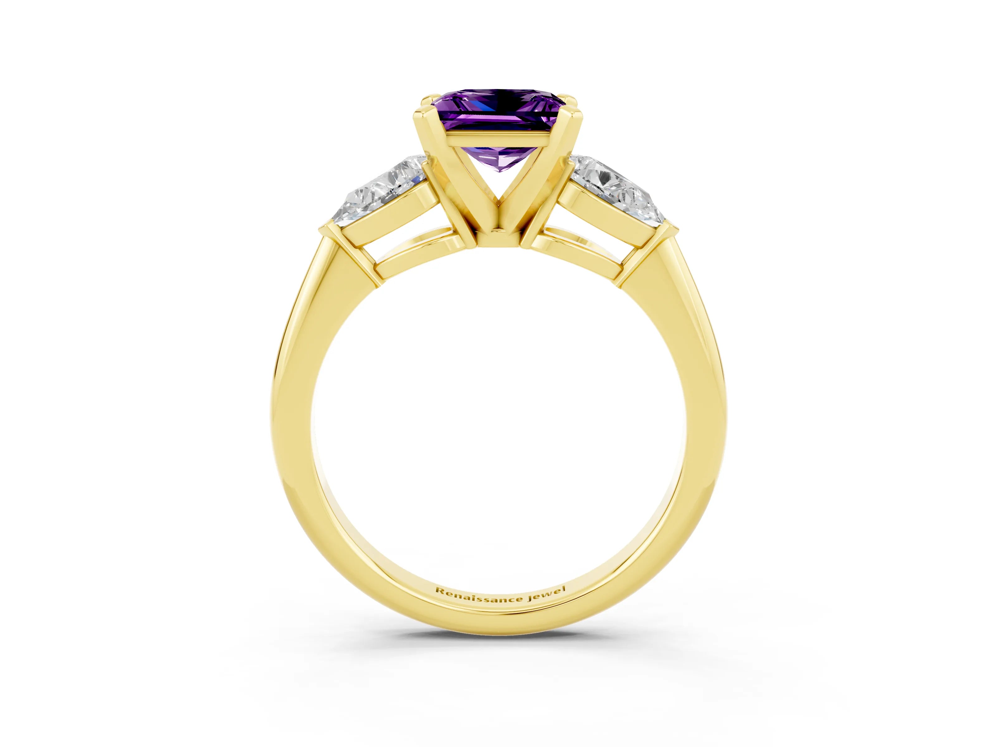 Yellow gold Three-Stone Princess Cut Amethyst Ring with Pear Side Stones and Four-Prong Setting_3