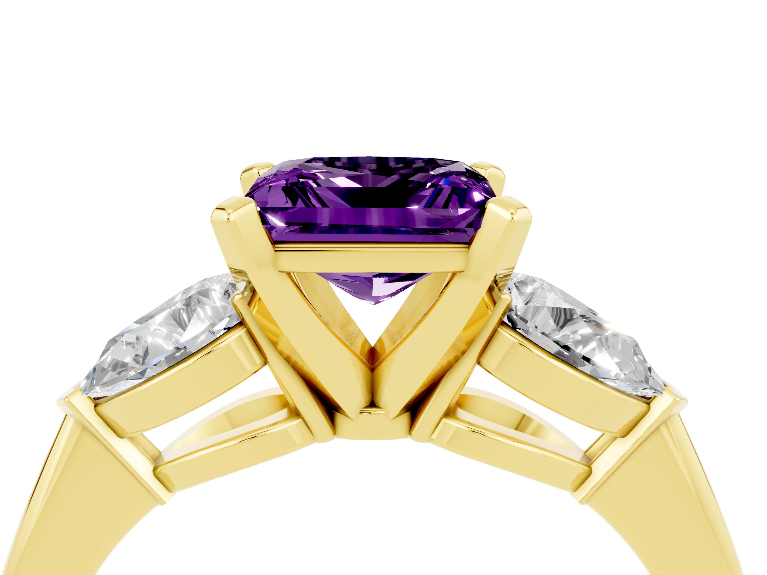 Yellow gold Three-Stone Princess Cut Amethyst Ring with Pear Side Stones and Four-Prong Setting_4