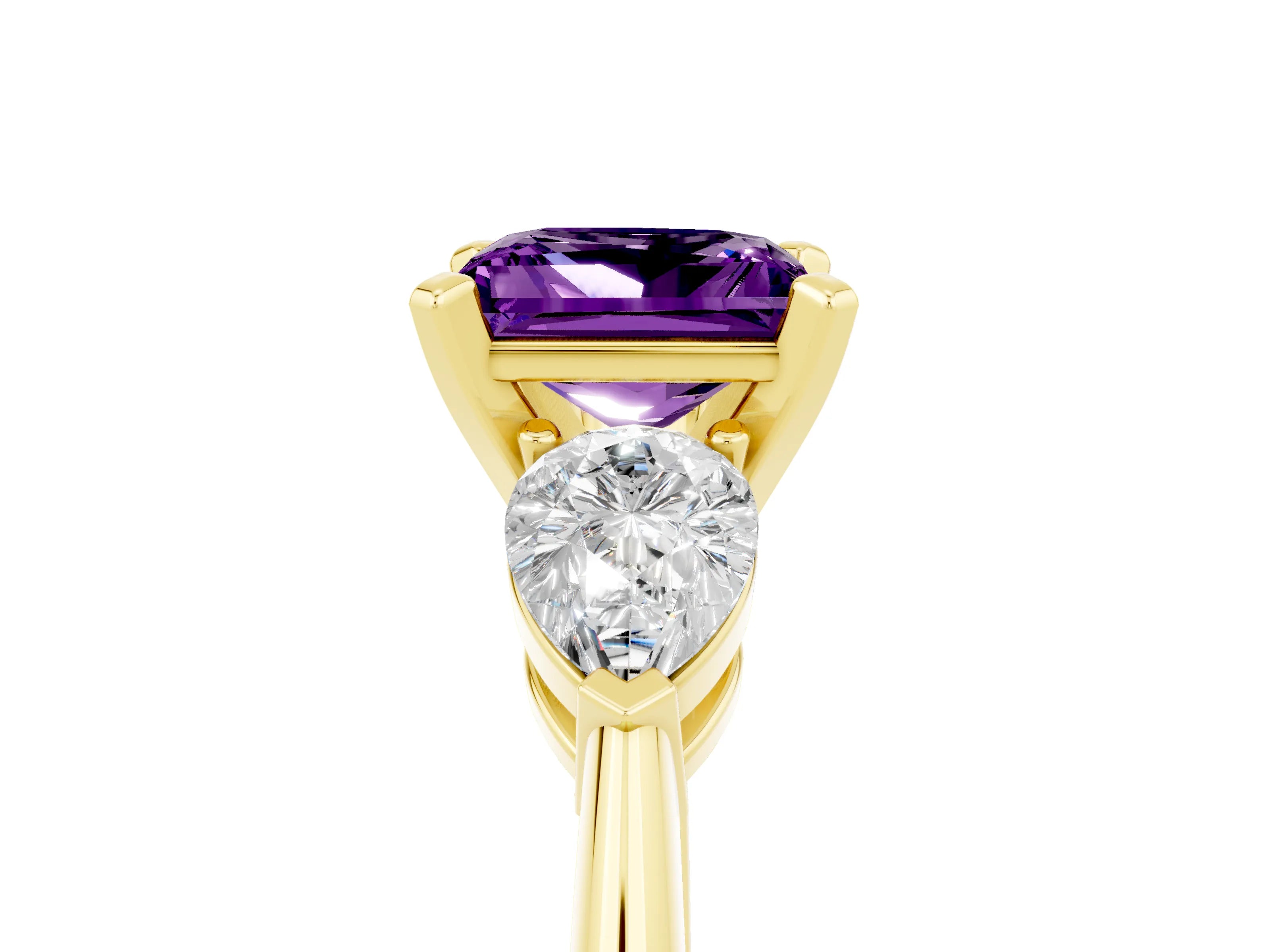 Yellow gold Three-Stone Princess Cut Amethyst Ring with Pear Side Stones and Four-Prong Setting_5