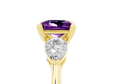 Yellow gold Three-Stone Princess Cut Amethyst Ring with Pear Side Stones and Four-Prong Setting_5