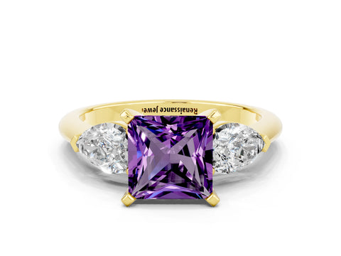 Yellow gold Three-Stone Princess Cut Amethyst Ring with Pear Side Stones and Four-Prong Setting