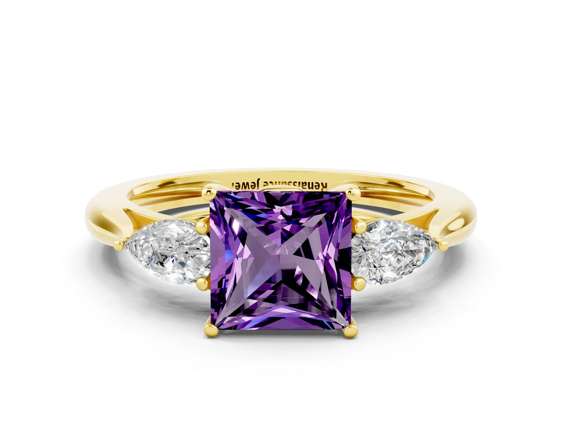 Yellow gold Three-Stone Princess Cut Amethyst Ring with Pear  Side Stones in Four-Prong Setting_12