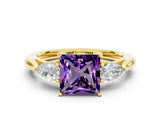 Yellow gold Three-Stone Princess Cut Amethyst Ring with Pear  Side Stones in Four-Prong Setting_12