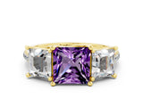 Yellow gold Three-Stone Princess Cut Amethyst Ring with Round  Pavé Band and Prong Setting_12