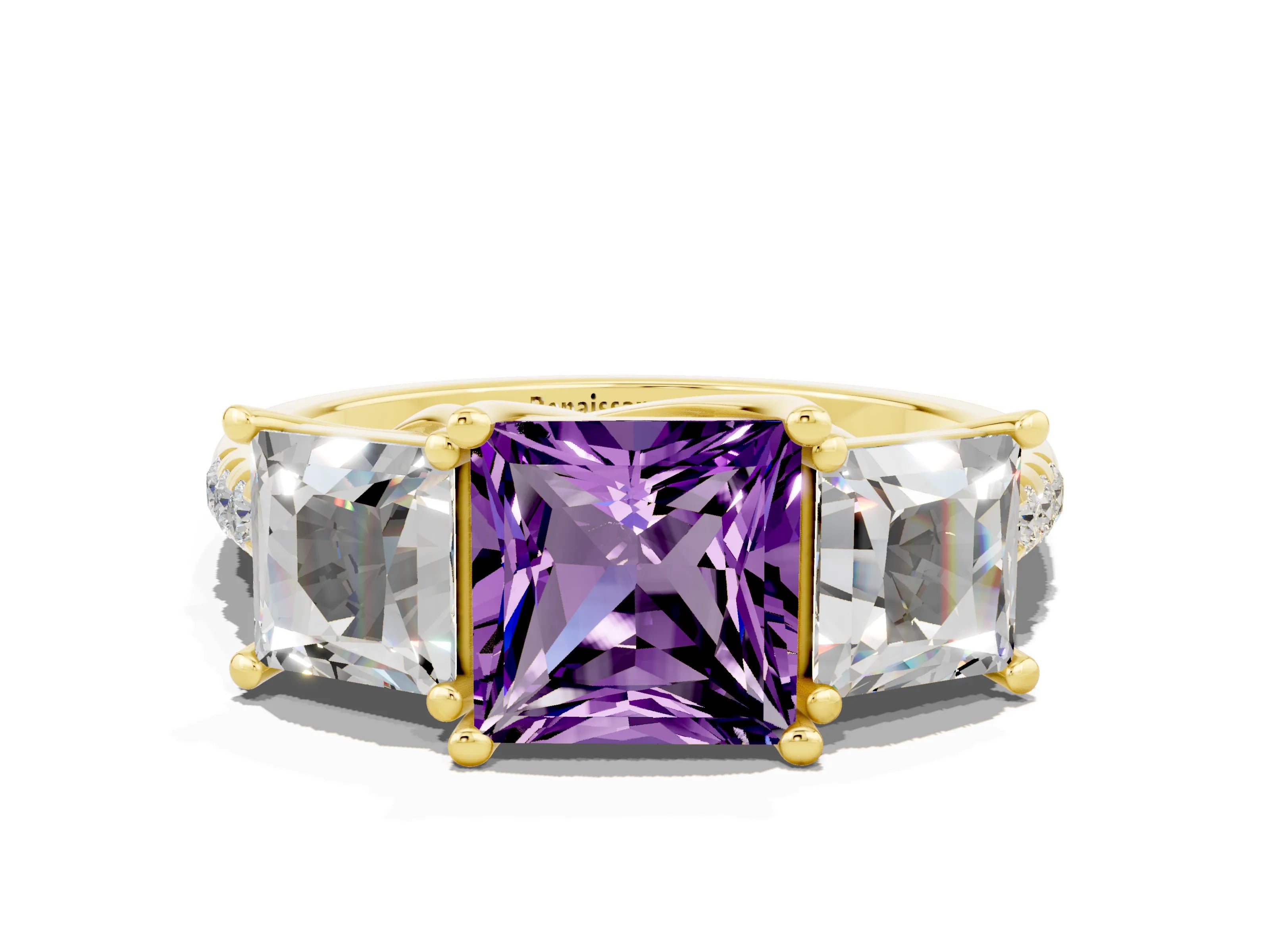 Yellow gold Three-Stone Princess Cut Amethyst Ring with Round  Pavé Band and Prong Setting_43