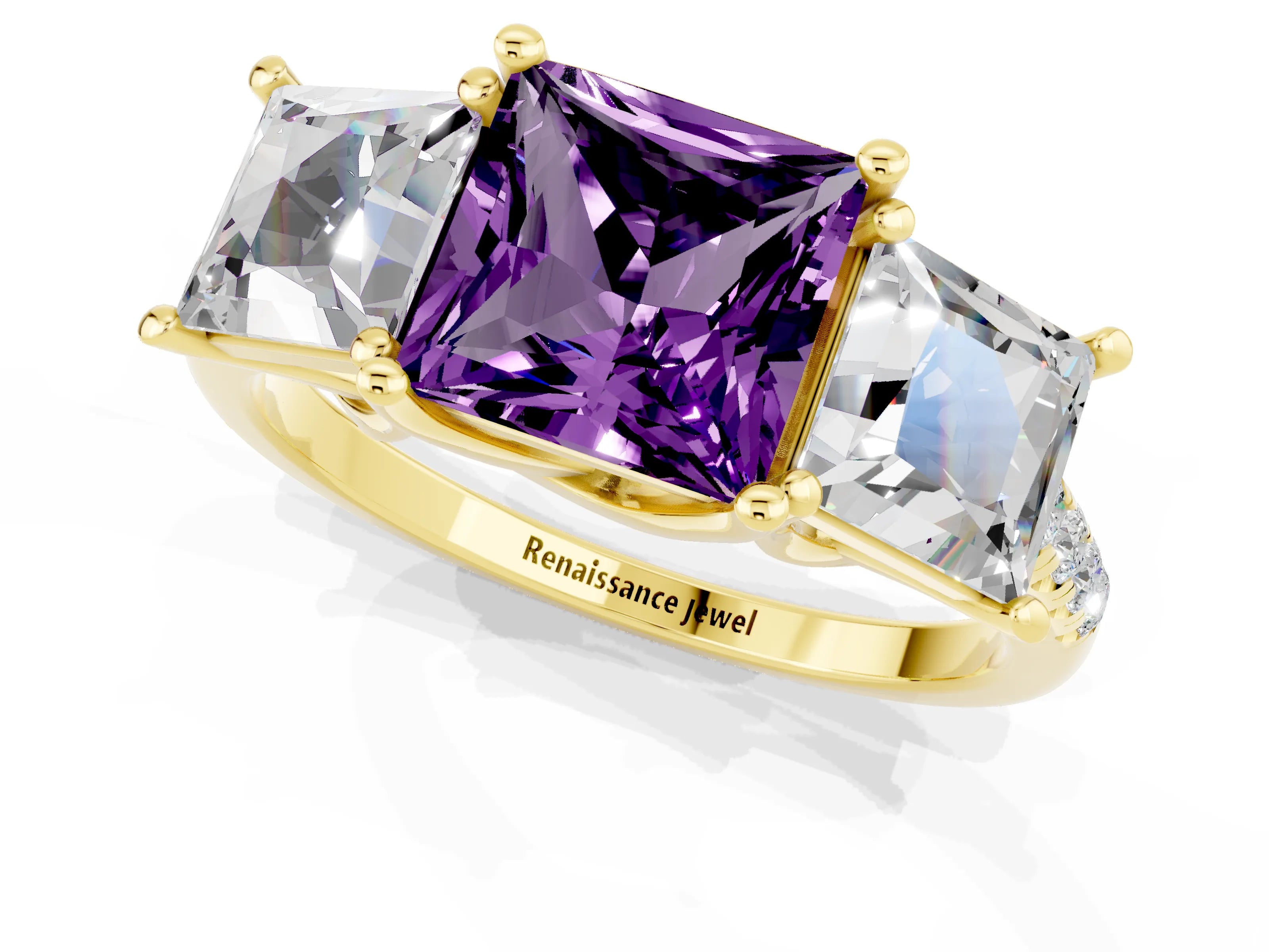 Yellow gold Three-Stone Princess Cut Amethyst Ring with Round  Pavé Band and Prong Setting_44