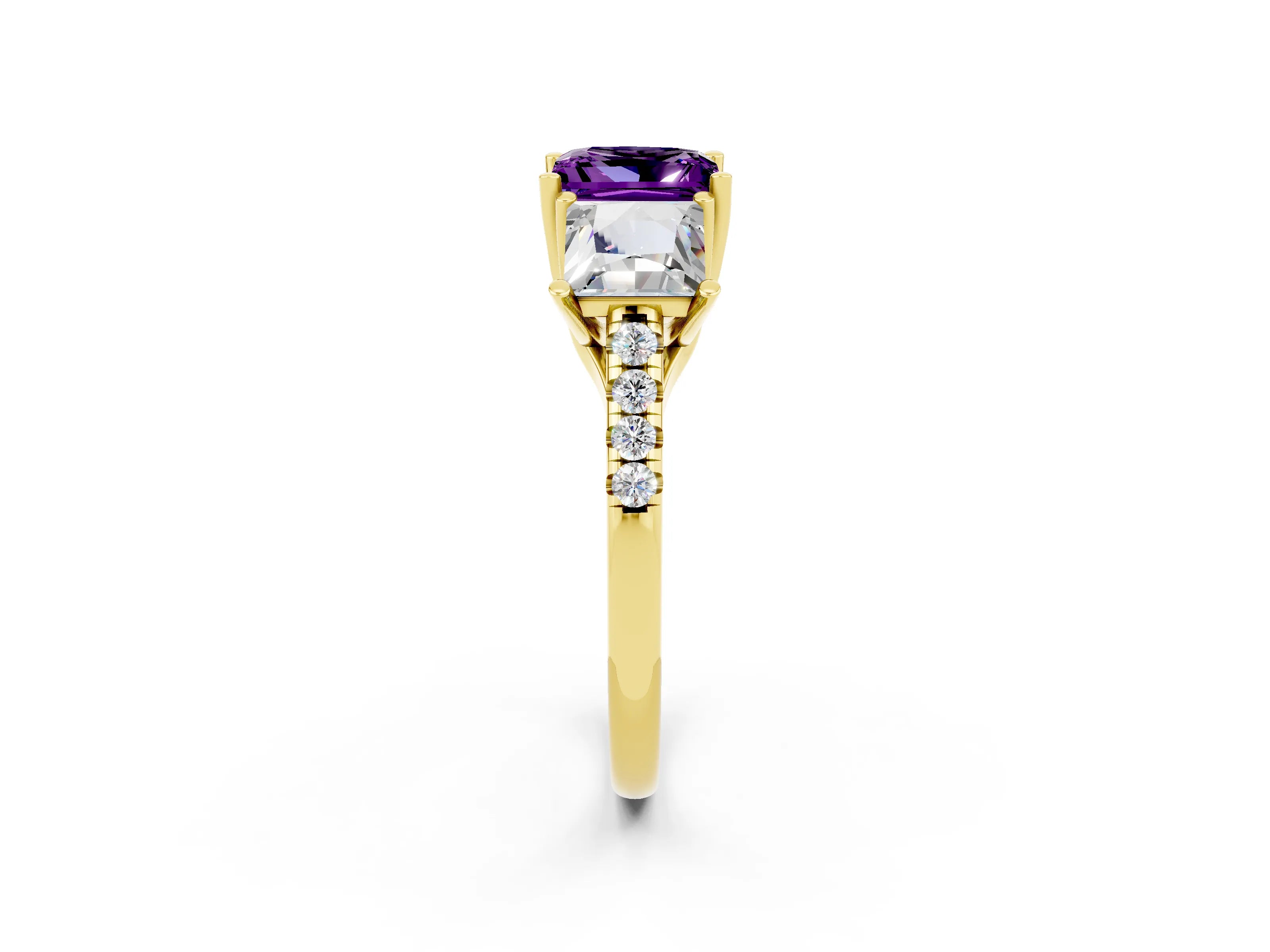 Yellow gold Three-Stone Princess Cut Amethyst Ring with Round  Pavé Band and Prong Setting_45