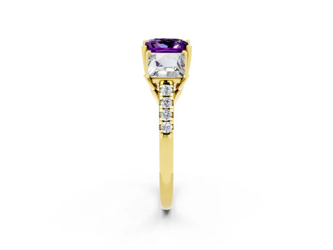 Yellow gold Three-Stone Princess Cut Amethyst Ring with Round  Pavé Band and Prong Setting_45