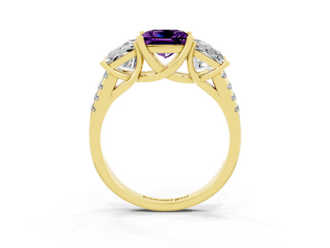 Yellow gold Three-Stone Princess Cut Amethyst Ring with Round  Pavé Band and Prong Setting_46