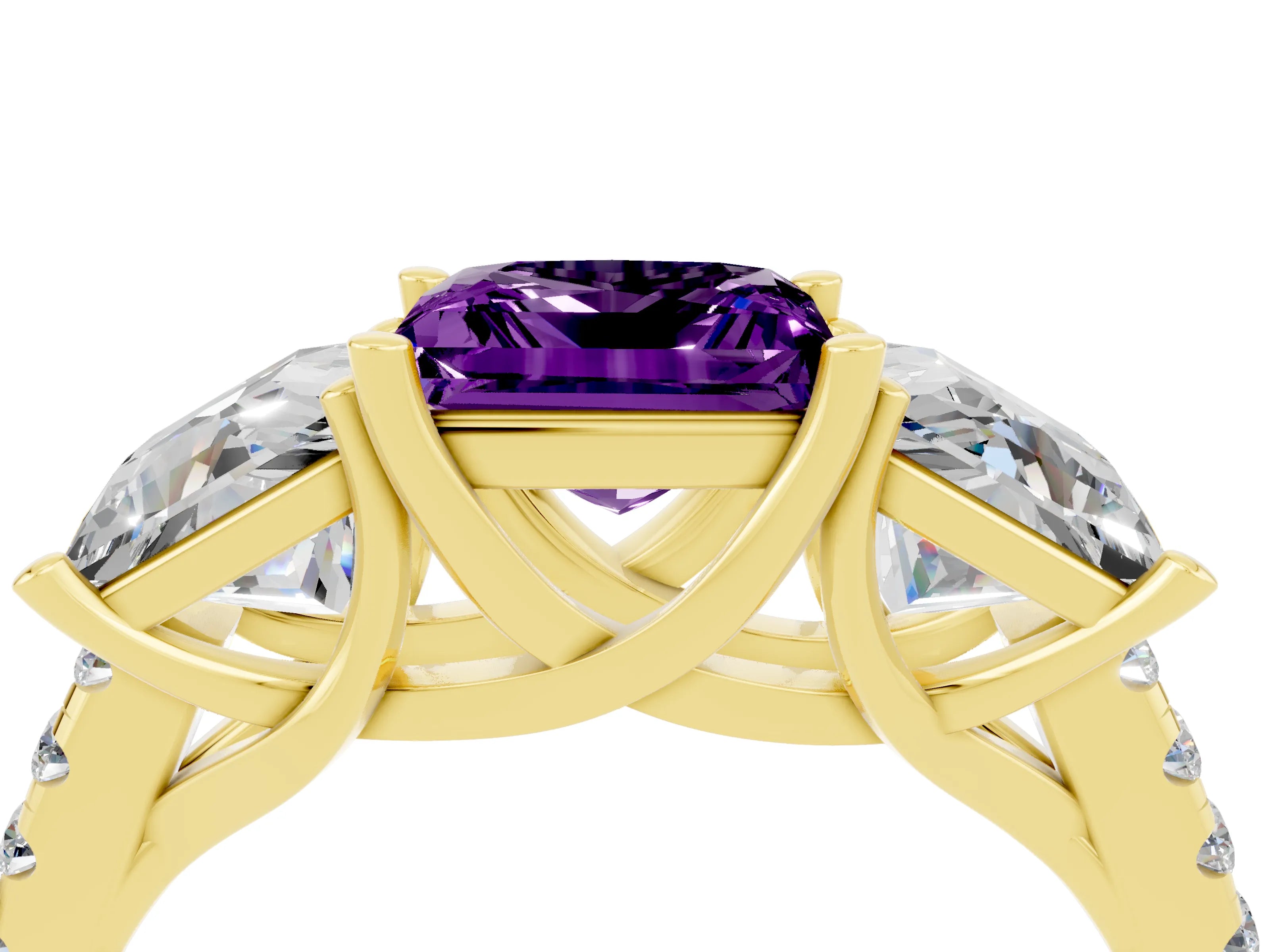 Yellow gold Three-Stone Princess Cut Amethyst Ring with Round  Pavé Band and Prong Setting_47