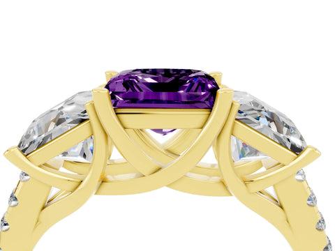 Yellow gold Three-Stone Princess Cut Amethyst Ring with Round  Pavé Band and Prong Setting_47