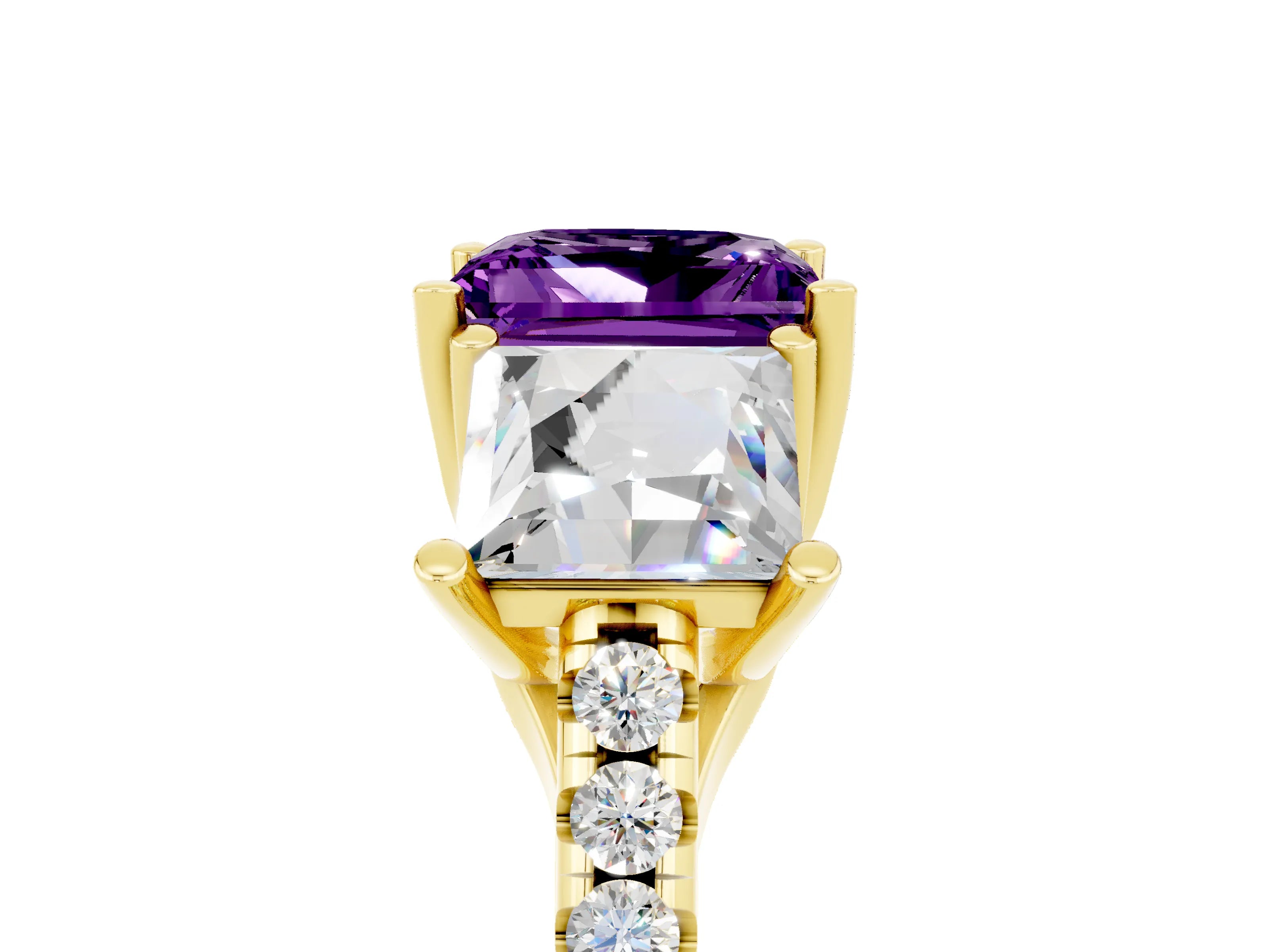 Yellow gold Three-Stone Princess Cut Amethyst Ring with Round  Pavé Band and Prong Setting_48