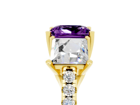Yellow gold Three-Stone Princess Cut Amethyst Ring with Round  Pavé Band and Prong Setting_48