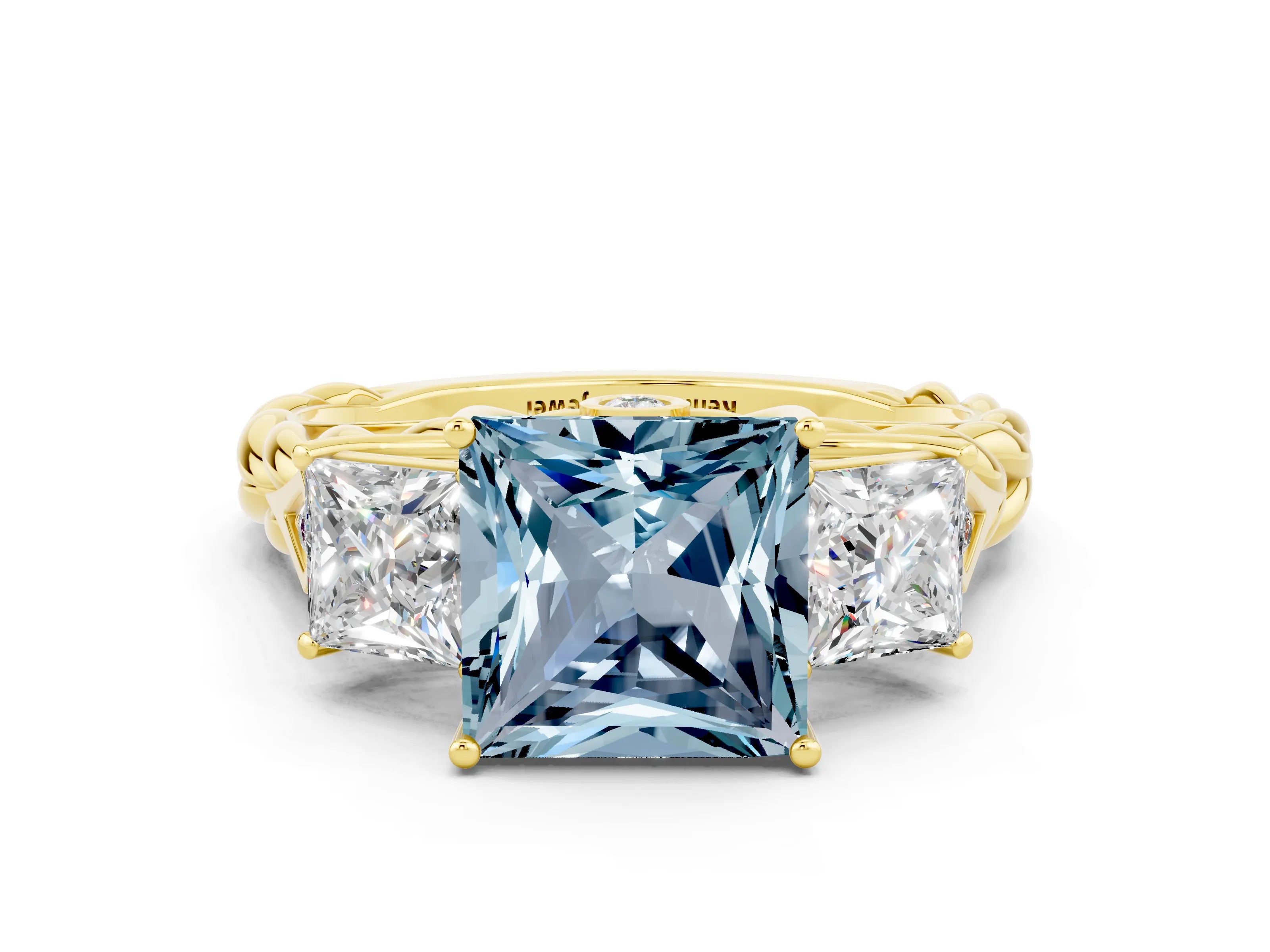 Yellow gold Three-Stone Princess Cut Aquamarine Braided Band Ring with Four-Prong Setting_12
