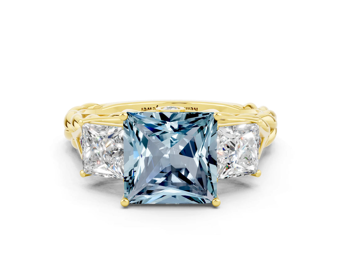 Yellow gold Three-Stone Princess Cut Aquamarine Braided Band Ring with Four-Prong Setting_12