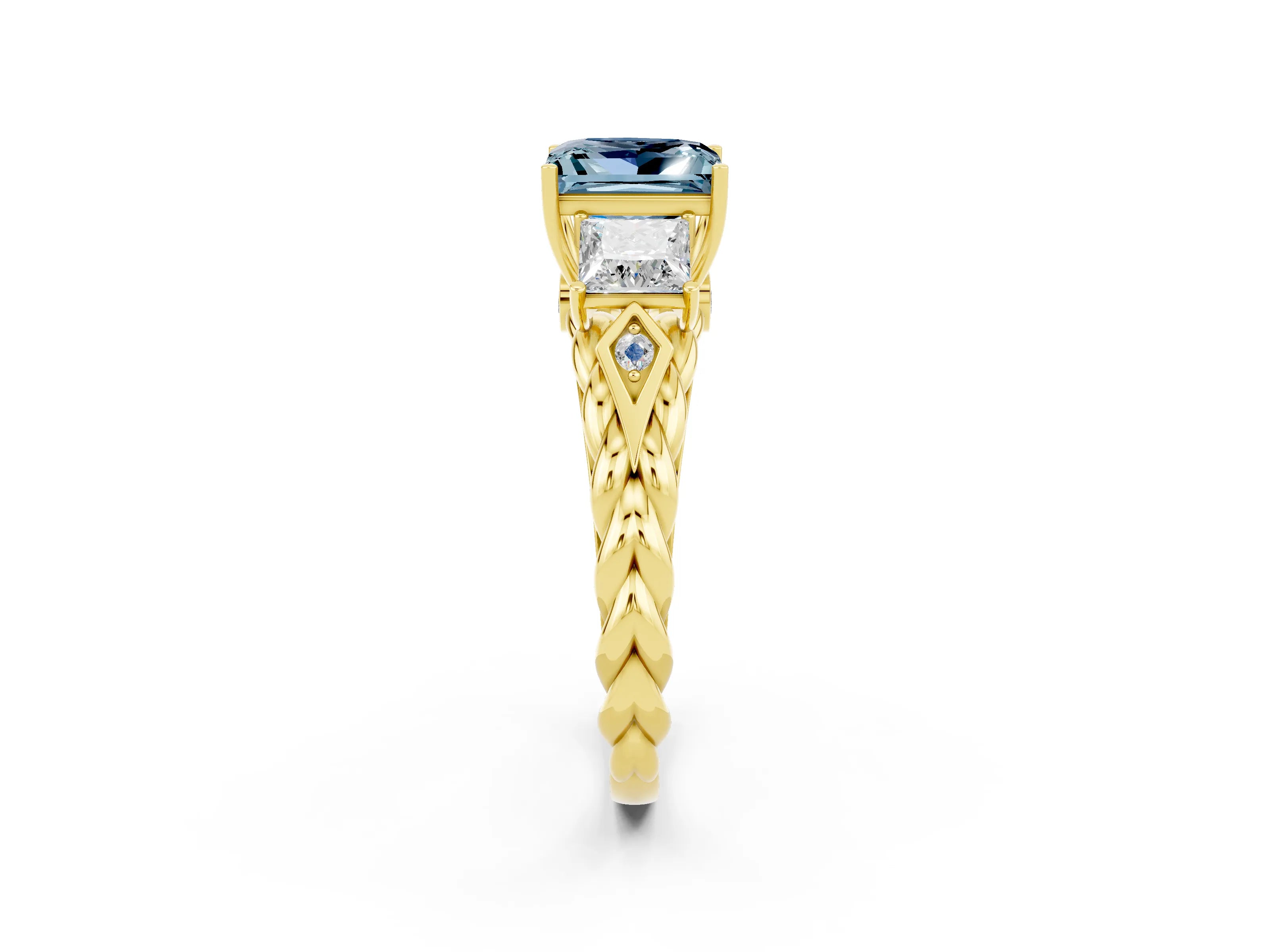 Yellow gold Three-Stone Princess Cut Aquamarine Braided Band Ring with Four-Prong Setting_14