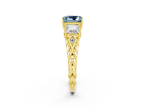 Yellow gold Three-Stone Princess Cut Aquamarine Braided Band Ring with Four-Prong Setting