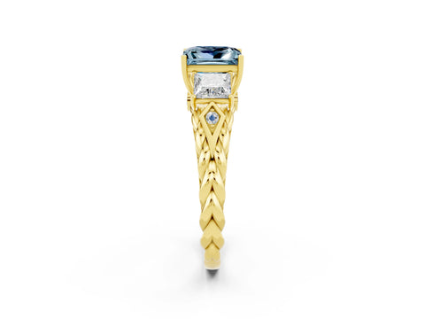 Yellow gold Three-Stone Princess Cut Aquamarine Braided Band Ring with Four-Prong Setting_14