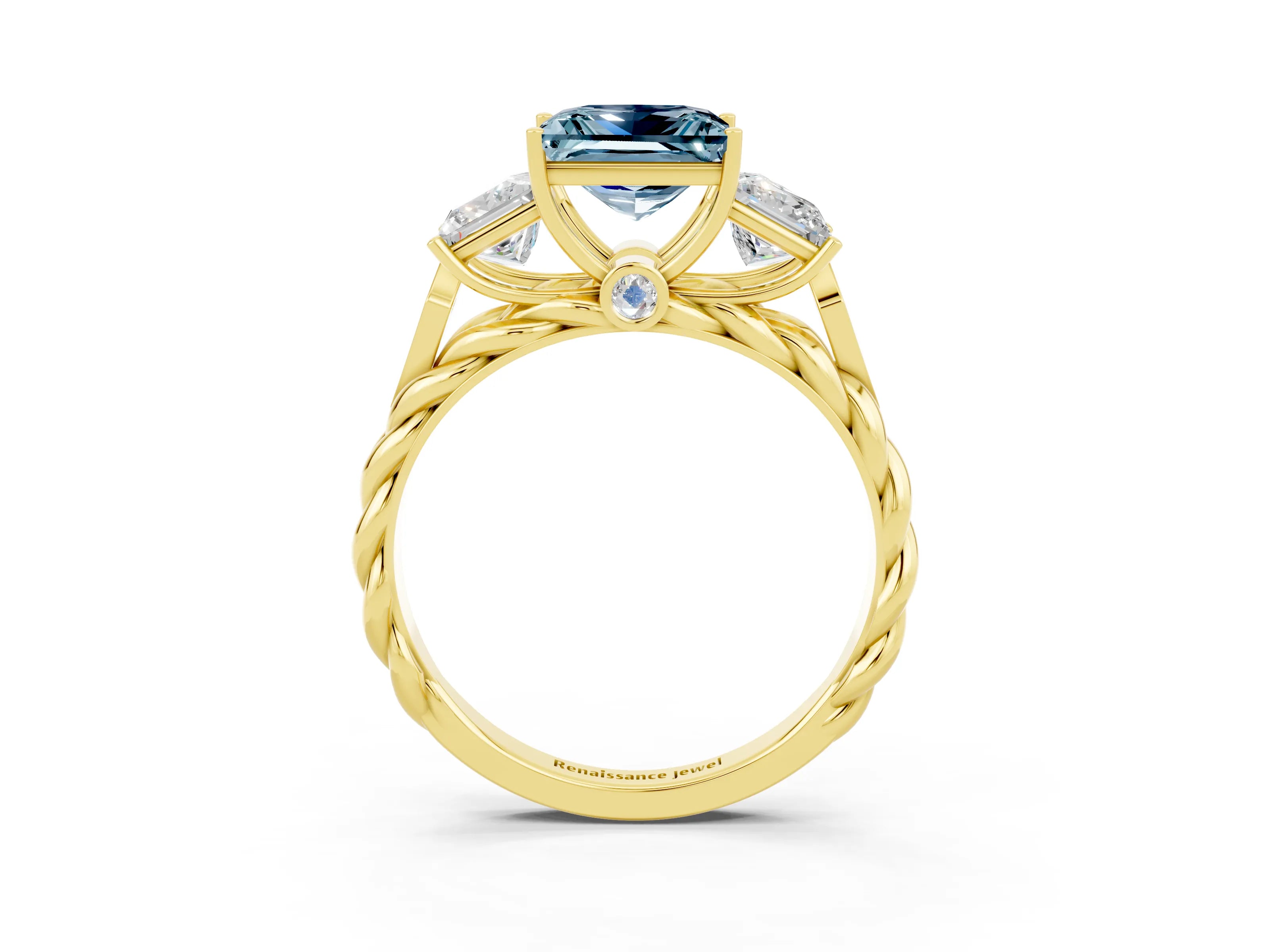 Yellow gold Three-Stone Princess Cut Aquamarine Braided Band Ring with Four-Prong Setting_15