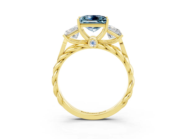 Yellow gold Three-Stone Princess Cut Aquamarine Braided Band Ring with Four-Prong Setting