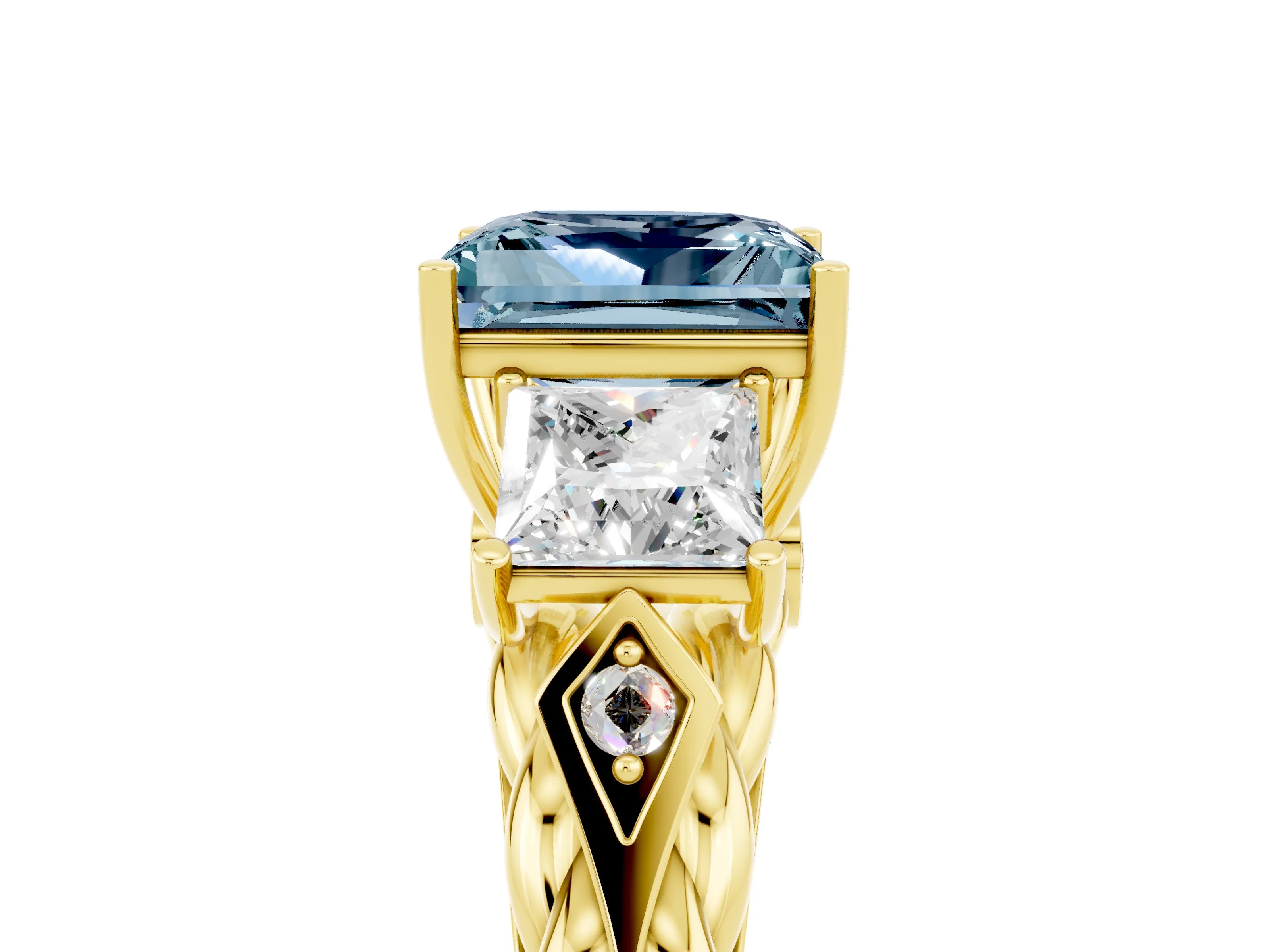 Yellow gold Three-Stone Princess Cut Aquamarine Braided Band Ring with Four-Prong Setting_17