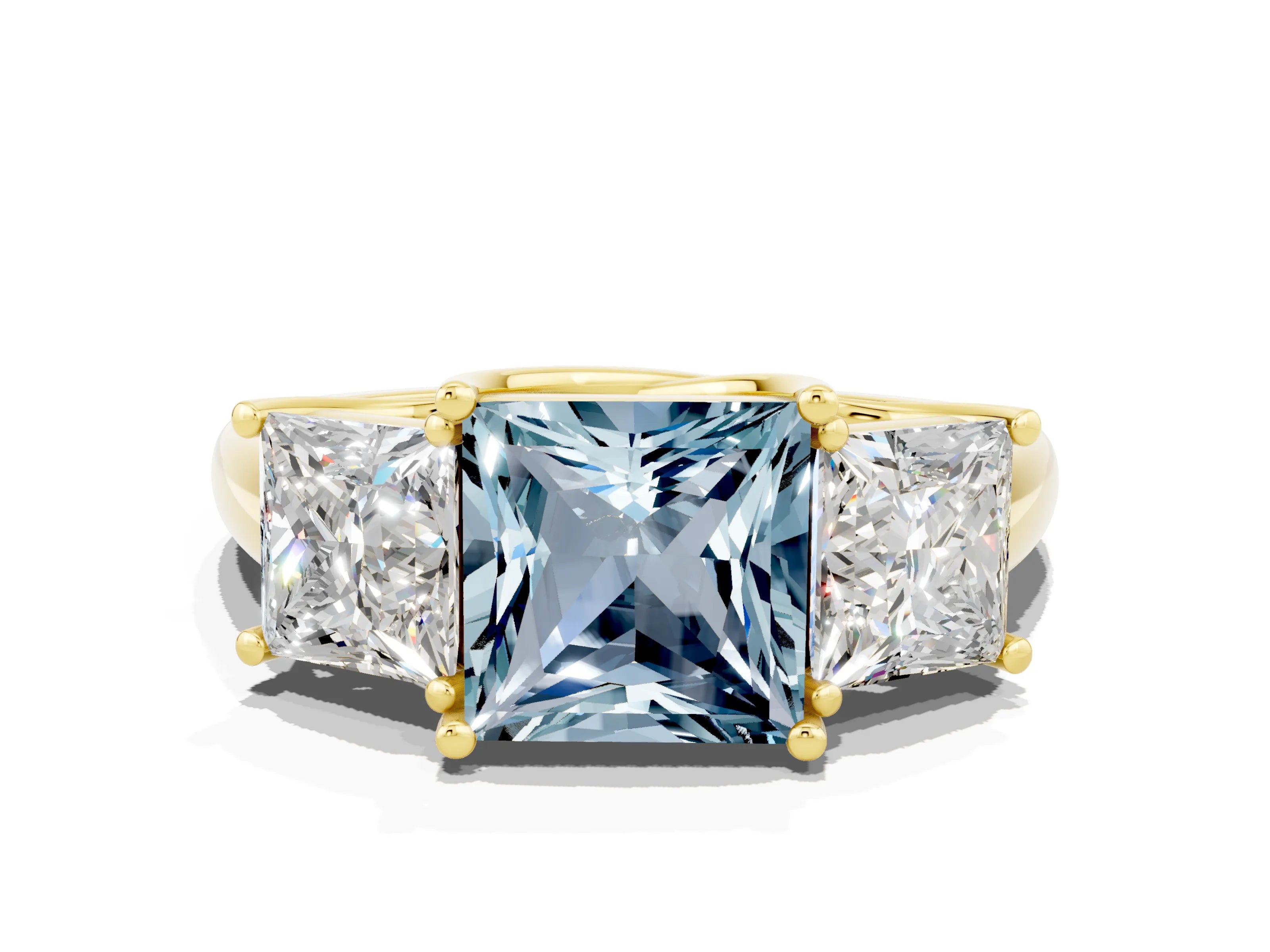 Yellow gold Three-Stone Princess Cut Aquamarine Engagement Ring with Prong Setting