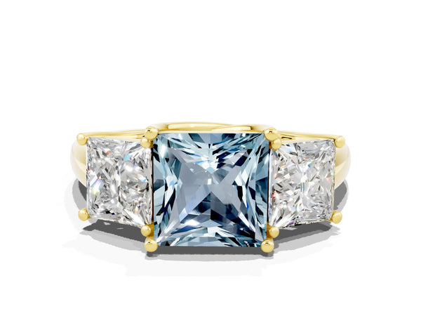 Yellow gold Three-Stone Princess Cut Aquamarine Engagement Ring with Prong Setting