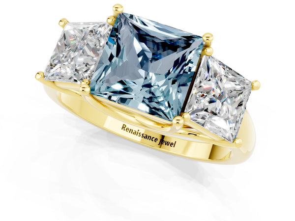 Yellow gold Three-Stone Princess Cut Aquamarine Engagement Ring with Prong Setting