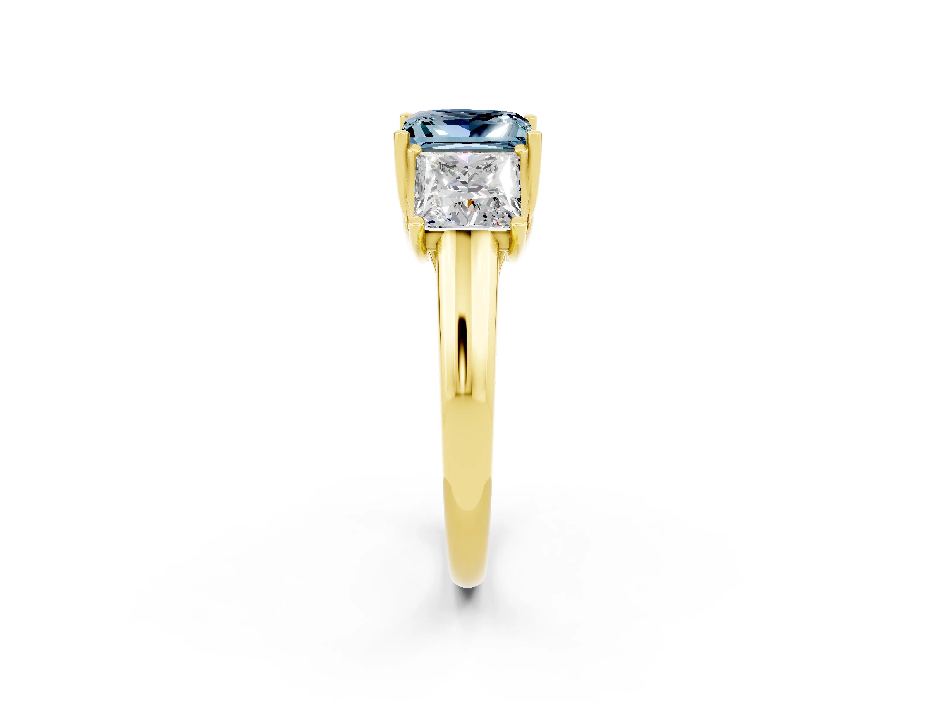Yellow gold Three-Stone Princess Cut Aquamarine Engagement Ring with Prong Setting_2