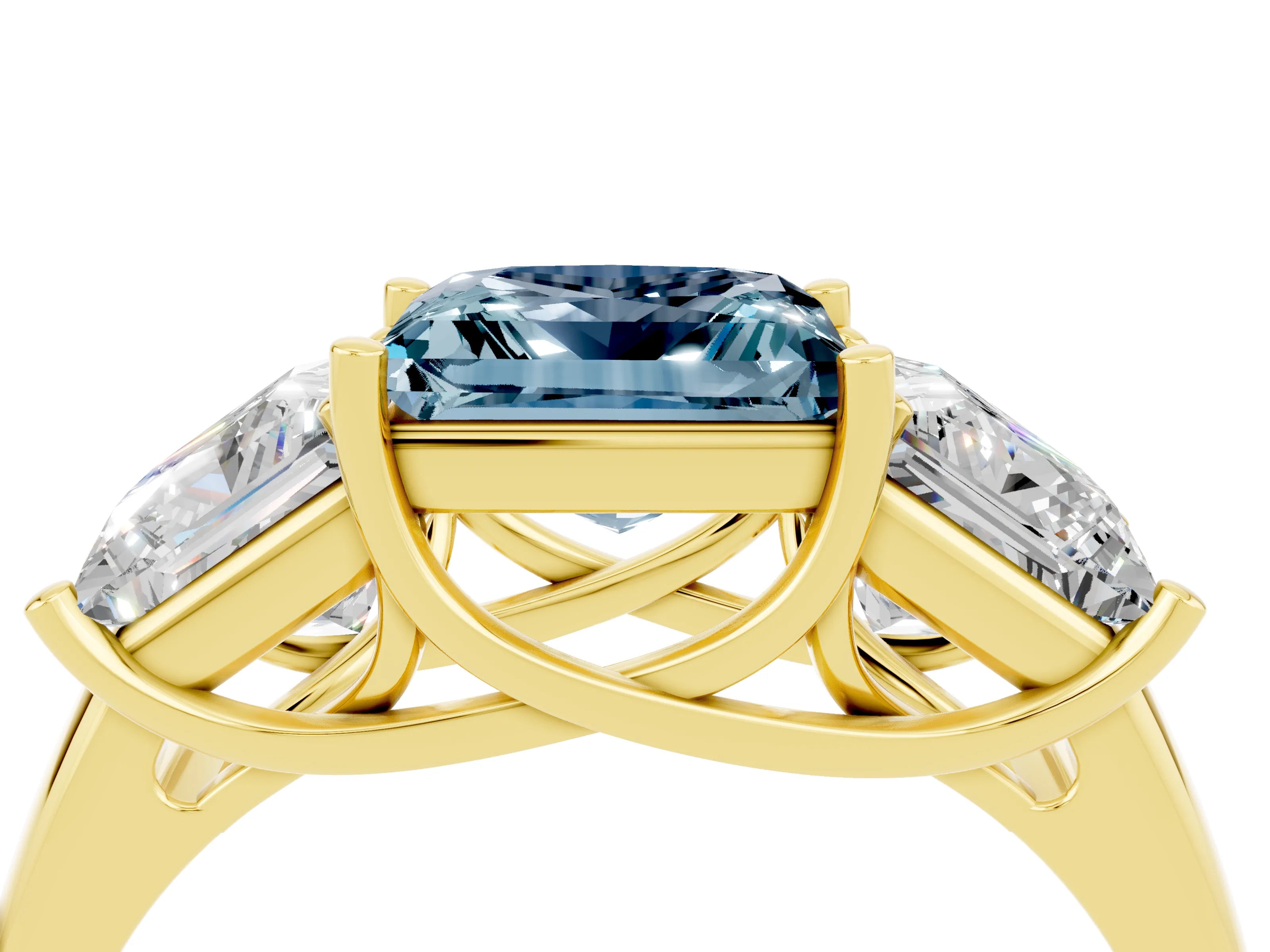 Yellow gold Three-Stone Princess Cut Aquamarine Engagement Ring with Prong Setting_4