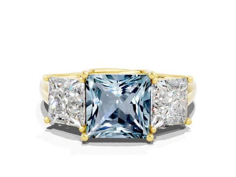 Yellow gold Three-Stone Princess Cut Aquamarine Engagement Ring with Prong Setting