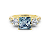 Yellow gold Three-Stone Princess Cut Aquamarine Pavé Band with Four-Prong Setting