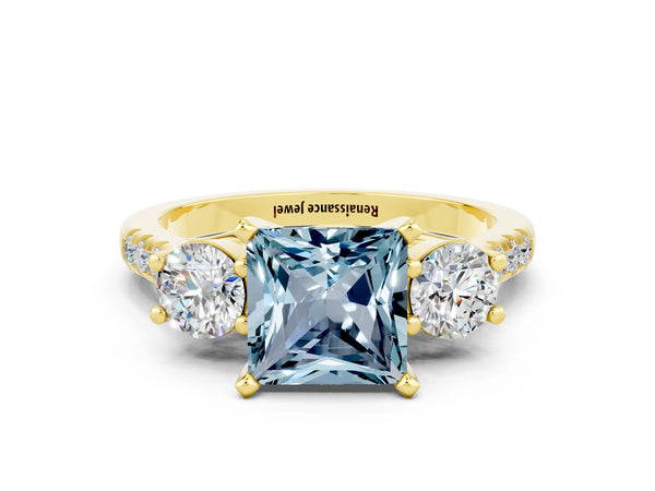 Yellow gold Three-Stone Princess Cut Aquamarine Pavé Band with Four-Prong Setting