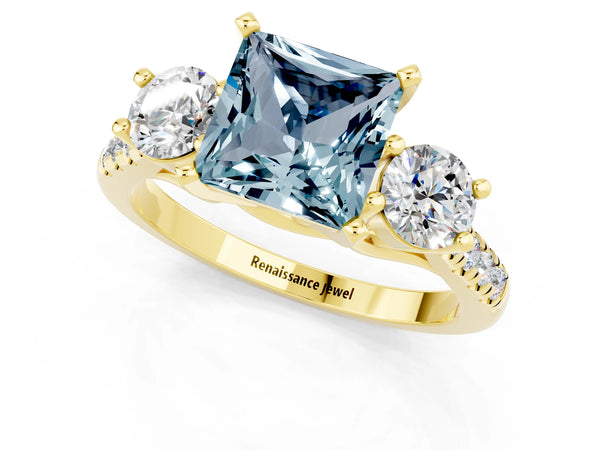 Yellow gold Three-Stone Princess Cut Aquamarine Pavé Band with Four-Prong Setting