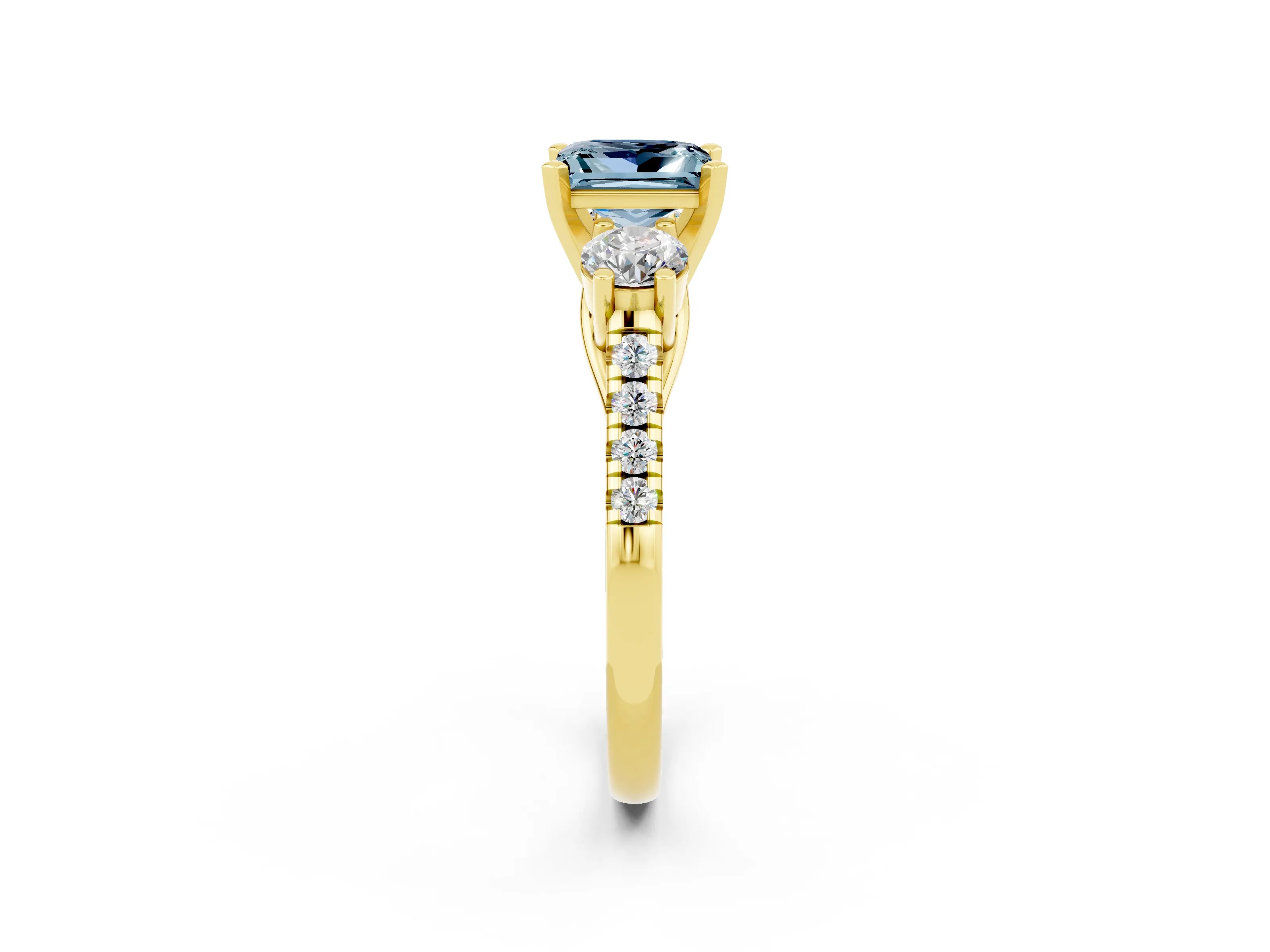 Yellow gold Three-Stone Princess Cut Aquamarine Pavé Band with Four-Prong Setting_2