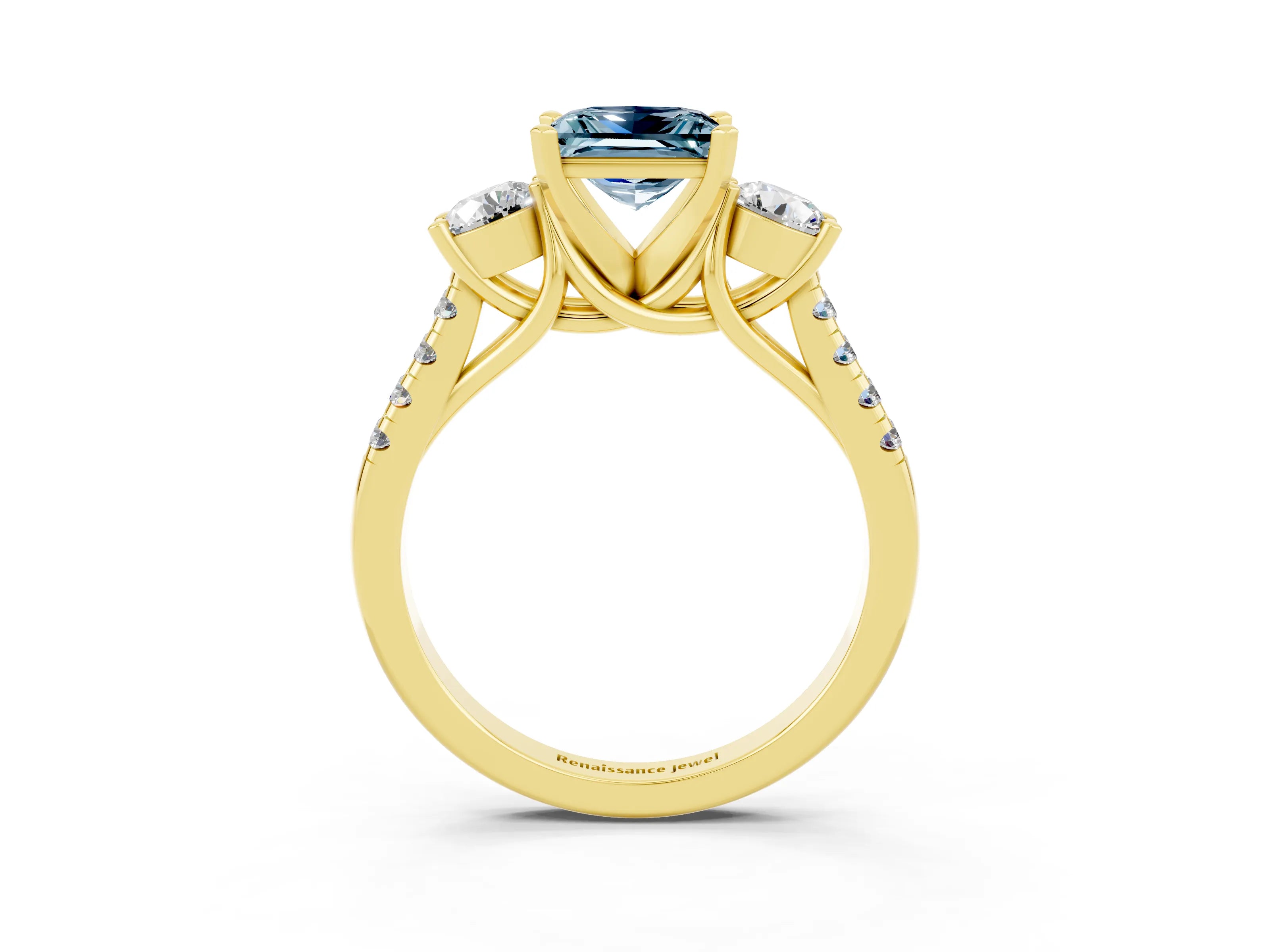 Yellow gold Three-Stone Princess Cut Aquamarine Pavé Band with Four-Prong Setting_3