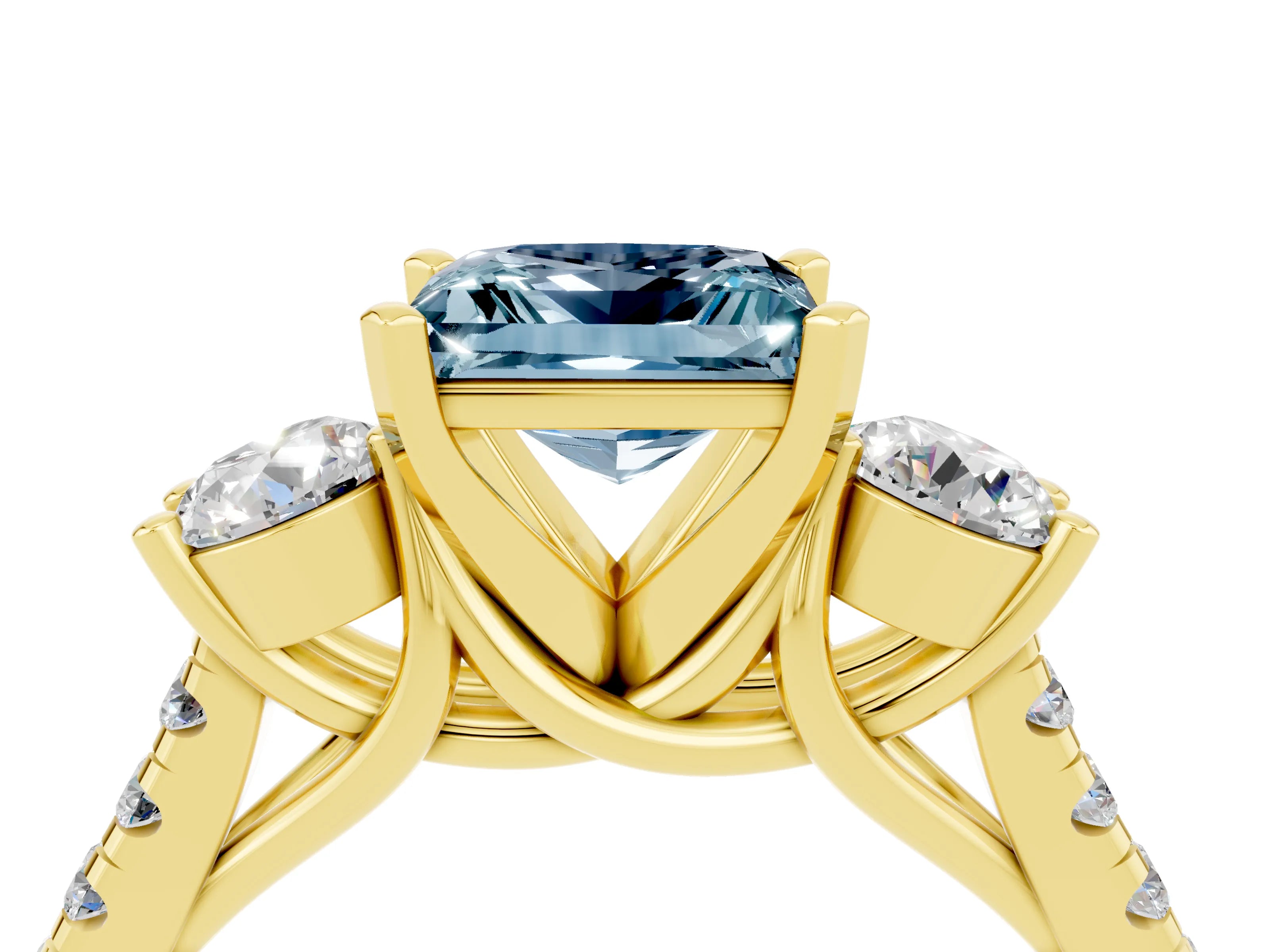 Yellow gold Three-Stone Princess Cut Aquamarine Pavé Band with Four-Prong Setting_4